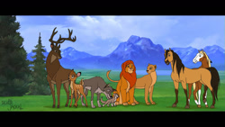 Size: 1600x900 | Tagged: safe, artist:silverti, aleu (balto), balto (balto), bambi (bambi), nala (the lion king), rain (cimarron), simba (the lion king), spirit (cimarron), the great prince of the forest (bambi), big cat, canine, cervid, deer, equine, feline, horse, lion, mammal, wolf, feral, balto (series), bambi (film), disney, dreamworks animation, spirit: stallion of the cimarron, the lion king, crossover, female, group, letterboxing, male