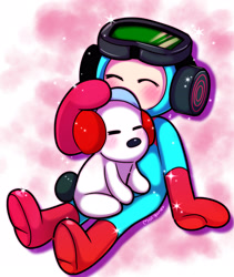 Size: 2220x2634 | Tagged: safe, artist:motigomer, airboarder (rhythm heaven), barista (rhythm heaven), canine, dog, fictional species, halfling, mammal, feral, humanoid, nintendo, rhythm heaven, abstract background, blushing, duo, duo male, eyes closed, goggles, goggles on head, headphones, headwear, high res, hug, male, males only, sitting, tail