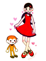 Size: 768x1024 | Tagged: safe, artist:motigomer, tap trial girl (rhythm heaven), human, mammal, monkey, primate, semi-anthro, nintendo, rhythm heaven, ambiguous gender, bow, bow tie, clothes, dress, duo, female, female focus, happy, heart, human focus, open mouth, shoes, simple background, solo focus, white background