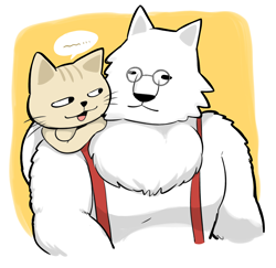 Size: 1292x1256 | Tagged: safe, artist:hsnkz809, lumbercat (rhythm heaven), woodcutter bear (rhythm heaven), bear, cat, feline, mammal, anthro, nintendo, rhythm heaven, chest fluff, clothes, crossed arms, duo, duo male, fluff, glasses, looking at each other, male, males only, open mouth, round glasses, sweat, topwear