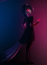 Size: 2100x2900 | Tagged: safe, artist:shido-tara, octavia (vivzmind), bird, bird of prey, demon, fictional species, owl, anthro, digitigrade anthro, helluva boss, clothes, feathers, female, glowing, glowing eyes, high res, phone, simple background, solo, solo female, tail, tail feathers, teenager