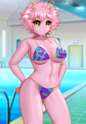 Size: 1107x1600 | Tagged: suggestive, alternate version, artist:twistedscarlett60, mina ashido (my hero academia), arthropod, insect, humanoid, my hero academia (series), 2021, belly button, bikini, black sclera, breasts, cameltoe, clothes, colored sclera, digital art, eyelashes, female, hair, horn, looking at you, pose, smiling, smiling at you, solo, solo female, swimming pool, swimsuit, thighs, wide hips