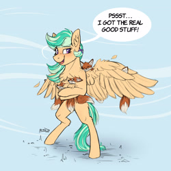 Size: 2867x2859 | Tagged: safe, artist:helmie-d, oc, oc only, oc:summer ray, canine, equine, fictional species, fox, mammal, pegasus, pony, feral, hasbro, my little pony, 2021, 2d, :3, :p, bipedal, carrying, chest fluff, cute, dialogue, eyelashes, feather, feathered wings, feathers, featured image, female, fluff, happy, high res, holding, looking at you, signature, size difference, sketch, smiling, solo, solo female, speech bubble, spread wings, tail, talking, talking to viewer, tongue, tongue out, wings