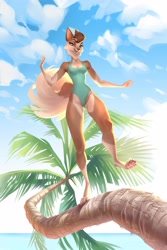 Size: 2731x4096 | Tagged: safe, artist:holivi, oc, oc only, canine, dog, mammal, anthro, digitigrade anthro, 2021, beach, bedroom eyes, breasts, clothes, cloud, female, gray eyes, high res, ocean, one-piece swimsuit, palm tree, plant, sky, smiling, solo, solo female, swimsuit, tree, water