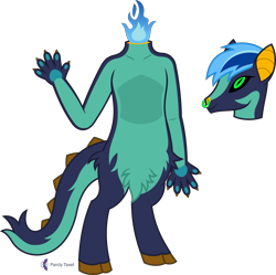 Size: 4023x4000 | Tagged: safe, artist:parclytaxel, oc, oc only, oc:hearth taxel, chimera, dullahan, fictional species, hybrid, anthro, .svg available, absurd resolution, blue fire, claws, cloven hooves, detachable head, disembodied head, fire, headless, hooves, looking at you, male, modular, nose piercing, nose ring, paw pads, paws, piercing, simple background, smiling, solo, solo male, spikes, tail, transparent background, vector, waving at you