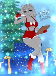Size: 1935x2600 | Tagged: suggestive, artist:jerraldina, equine, human, mammal, pony, anthro, bottomwear, christmas, christmas tree, clothes, conifer tree, female, gift, holiday, present, sexy, shorts, tree, ych