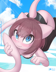 Size: 961x1230 | Tagged: safe, artist:rilexlenov, fictional species, legendary pokémon, mew, mythical pokémon, anthro, cc by-nc-sa, creative commons, nintendo, pokémon, 2021, anthrofied, breasts, brown hair, butt, clothes, ears, female, hair, looking at you, smiling, smiling at you, solo, solo female, tail, thick thighs, thighs