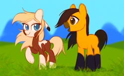Size: 2786x1714 | Tagged: safe, artist:dawnfire, rain (cimarron), spirit (cimarron), earth pony, equine, fictional species, mammal, pony, feral, dreamworks animation, hasbro, my little pony, spirit: stallion of the cimarron, 2020, crossover, duo, duo male and female, feather, feather in hair, female, field, hair, hair accessory, high res, looking at each other, male, male/female, ponified, shipping, species swap, style emulation