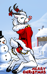 Size: 1871x2965 | Tagged: suggestive, artist:twokinds, cervid, deer, mammal, reindeer, anthro, unguligrade anthro, 2021, antlers, bell, blue eyes, breasts, butt, candy cane, christmas, clothes, cloven hooves, dewclaw, ears, female, fur, hair, holiday, hooves, jacket, looking at you, looking back, looking back at you, outdoors, short tail, smiling, smiling at you, snow, snowman, solo, solo female, tail, thighs, topwear, white body, white fur, white hair, winter