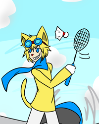 Size: 1600x2000 | Tagged: safe, artist:kattayle, forthington (rhythm heaven), animal humanoid, cat, feline, fictional species, mammal, humanoid, nintendo, rhythm heaven, aircraft, airplane, badminton, clothes, cloud, fangs, goggles, goggles on head, holding, holding object, humanoidized, male, racket, scarf, sharp teeth, shuttlecock, sky, smiling, solo, solo male, tail, teeth, vehicle