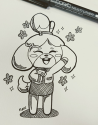 Size: 1412x1802 | Tagged: safe, artist:razzbexxa, isabelle (animal crossing), canine, dog, mammal, shih tzu, anthro, animal crossing, nintendo, bottomwear, clothes, cute, eyes closed, female, flower, monochrome, open mouth, paper, plant, skirt, solo, solo female, stars, tail, teeth, tongue, topwear, traditional art, waving