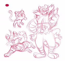 Size: 3800x3600 | Tagged: safe, artist:whitediamonds, fictional species, incineroar, litten, mammal, torracat, anthro, digitigrade anthro, feral, nintendo, pokémon, 2018, ambiguous gender, claws, digital art, ears, fur, high res, looking at you, monochrome, one eye closed, open mouth, paws, simple background, sketch, solo, solo ambiguous, starter pokémon, tail, thumbs up, tongue, white background