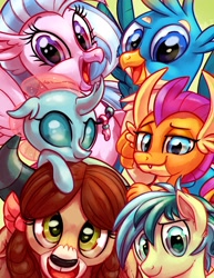 Size: 2550x3300 | Tagged: safe, artist:whitediamonds, gallus (mlp), ocellus (mlp), sandbar (mlp), silverstream (mlp), smolder (mlp), yona (mlp), arthropod, bird, changedling, changeling, dragon, earth pony, equine, feline, fictional species, gryphon, hippogriff, mammal, pony, western dragon, yak, anthro, feral, friendship is magic, hasbro, my little pony, 2018, 2d, beak, bust, cute, digital art, dragoness, ears, female, fur, high res, horn, looking at you, male, open mouth, portrait, scales, spread wings, tongue, ungulate, wings