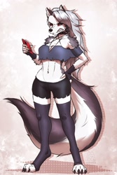 Size: 2000x3000 | Tagged: safe, artist:mykegreywolf, loona (vivzmind), canine, fictional species, hellhound, mammal, anthro, digitigrade anthro, hazbin hotel, helluva boss, 2021, angry, breasts, cell phone, clothes, ear fluff, female, fluff, gray hair, hair, high res, long hair, looking at you, phone, scowl, smartphone, snarling, solo, solo female, tail, tail fluff, teeth, thighs