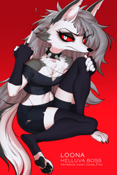 Size: 806x1200 | Tagged: safe, alternate version, artist:johnfoxart, loona (vivzmind), canine, fictional species, hellhound, mammal, anthro, digitigrade anthro, cc by-nc-nd, creative commons, hazbin hotel, helluva boss, 2021, belly button, black nose, black paw pads, bottomwear, breasts, claws, cleavage, clothes, collar, colored sclera, ears, eyebrow through hair, eyebrows, eyelashes, eyeshadow, female, fingerless gloves, fur, gloves, gray body, gray fur, gray hair, hair, legwear, long hair, looking at you, makeup, middle finger, multicolored fur, paw pads, paws, red background, red sclera, simple background, solo, solo female, spiked collar, tail, thigh highs, thighs, toeless legwear, topwear, torn clothes, underpaw, vulgar, white body, white eyes, white fur
