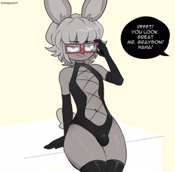 Size: 2500x2445 | Tagged: suggestive, artist:skyguyart, oc, oc only, oc:professor grayson (skyguyart), lagomorph, mammal, rabbit, anthro, cc by-nc-sa, creative commons, belly button, black outline, blushing, bulge, clothes, cream background, ear fluff, english text, evening gloves, femboy, fluff, gloves, gray body, gray hair, hair, hands, high res, illustration, kneesocks, lidded eyes, long gloves, male, offscreen character, professor, rectangular glasses, short tail, sitting, sweat, tail, teasing, text, thick thighs, thighs