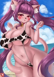 Size: 1240x1754 | Tagged: suggestive, artist:macaronneko, oc, oc only, oc:cotton (macaronneko), cat, feline, mammal, 2021, beach, bedroom eyes, belly button, bikini, breasts, cameltoe, clothes, cloud, cow print, digital art, ear fluff, ears, eyelashes, female, fluff, hair, huge breasts, looking at you, nipple outline, ocean, open mouth, pose, sand, sky, sling bikini, solo, solo female, swimsuit, tail, thighs, water, wide hips
