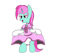 Size: 2000x1800 | Tagged: suggestive, artist:amateur-draw, oc, oc:belle boue, equine, fictional species, mammal, pony, unicorn, bipedal, clothes, crossdressing, diaper, diaper fetish, dress, dress lift, evening gloves, femboy, fetish, gloves, latex, long gloves, maid, makeup, male, solo, solo male, stallion