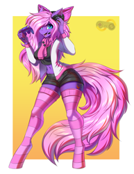 Size: 2639x3410 | Tagged: safe, artist:colorsoundz, oc, oc only, oc:lillybit, earth pony, equine, fictional species, mammal, pony, anthro, unguligrade anthro, friendship is magic, hasbro, my little pony, 2021, adorkable, blue eyes, bow, clothes, controller, cute, dork, female, gaming headset, hair, hair bow, happy, headphones, headset, headwear, high res, hooves, legwear, mane, mare, midriff, pink hair, pink mane, pink tail, purple body, ribbon, scarf, smiling, socks, solo, solo female, striped clothes, striped legwear, tail, thigh highs