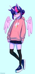 Size: 1500x3114 | Tagged: safe, artist:mrscroup, twilight sparkle (mlp), alicorn, equine, fictional species, mammal, pony, anthro, friendship is magic, hasbro, my little pony, 2021, clothes, feathered wings, feathers, female, glasses, high res, hoodie, horn, mare, multicolored mane, purple body, round glasses, shirt, shoes, sneakers, socks, solo, solo female, topwear, wings