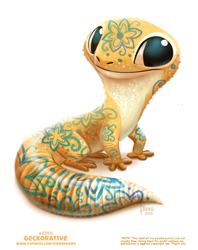 Size: 550x695 | Tagged: safe, artist:cryptid-creations, gecko, lizard, reptile, feral, 2d, ambiguous gender, cute, looking at you, pun, simple background, smiling, smiling at you, solo, solo ambiguous, tattoo, visual pun, white background