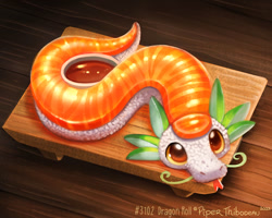 Size: 900x720 | Tagged: safe, artist:cryptid-creations, dragon, eastern dragon, fictional species, food creature, feral, 2021, 2d, ambiguous gender, bowl, brown eyes, colored sclera, cute, cutting board, food, forked tongue, looking up, pun, solo, solo ambiguous, soy sauce, sushi, tongue, visual pun, wasabi, whiskers, yellow sclera