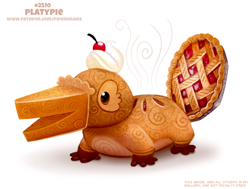 Size: 750x568 | Tagged: safe, artist:cryptid-creations, fictional species, food creature, hybrid, mammal, monotreme, platypus, feral, 2d, ambiguous gender, brown eyes, cherry, food, fruit, pastry, pie, pumpkin pie, pun, simple background, solo, solo ambiguous, steam, visual pun, whipped cream, white background