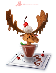 Size: 611x794 | Tagged: safe, artist:cryptid-creations, cervid, fictional species, food creature, hybrid, mammal, moose, feral, 2d, antlers, brown body, brown fur, cherry, chocolate mousse, food, fruit, fur, ice cream, male, mousse, pun, simple background, smiling, solo, solo male, visual pun, whipped cream, white background