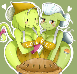 Size: 900x860 | Tagged: suggestive, artist:ss2sonic, granny smith (mlp), earth pony, elephant, equine, fictional species, mammal, pony, anthro, adventure time, cartoon network, friendship is magic, hasbro, my little pony, almost nude, apron, breasts, cleavage, clothes, crossover, female, food, gilf, heart, lidded eyes, looking at you, mature, mature female, naked apron, nudity, partial nudity, pie, tree trunks (adventure time)
