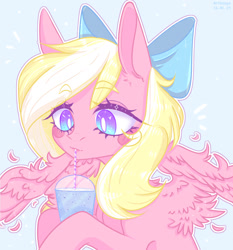 Size: 1826x1956 | Tagged: safe, artist:gunya, oc, oc only, oc:bay breeze, equine, fictional species, mammal, pegasus, pony, feral, friendship is magic, hasbro, my little pony, 2019, blonde hair, blonde mane, blue eyes, blushing, bow, colored pupils, cute, drink, eyelashes, feathered wings, feathers, female, fur, hair, hair bow, mane, mare, pink body, pink fur, simple background, sipping, white pupils, wingding eyes, wings