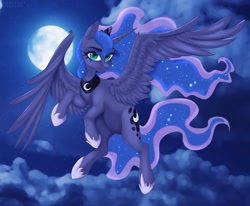 Size: 1676x1380 | Tagged: safe, artist:gunya, princess luna (mlp), alicorn, equine, fictional species, mammal, pony, feral, friendship is magic, hasbro, my little pony, 2020, cloud, constellation, crown, ethereal mane, ethereal tail, feathered wings, feathers, female, flying, full moon, hair, head turned, headwear, hoof shoes, horn, jewelry, looking at you, mane, mare, moon, night, peytral, regalia, solo, solo female, spread wings, starry mane, wings