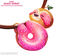 Size: 650x577 | Tagged: safe, artist:cryptid-creations, fictional species, food creature, hybrid, mammal, sloth, three-toed sloth, feral, 2d, ambiguous gender, branch, doughnut, eyes closed, food, pun, simple background, solo, solo ambiguous, visual pun, white background