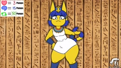 Size: 3032x1705 | Tagged: safe, artist:cleverfoxman, ankha (animal crossing), cat, feline, mammal, anthro, comic:ankha: an animal crossing inflation drive, animal crossing, nintendo, 2021, ankha zone, blue tail, clothes, comic, dress, eyeliner, female, front view, fur, hand on hip, looking at you, makeup, no nose, solo, solo female, striped tail, stripes, tail, text, thick thighs, thighs, watermark, wide hips, yellow body, yellow fur, yellow tail