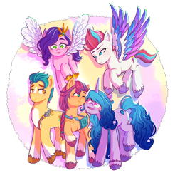 Size: 1048x1065 | Tagged: safe, artist:mistressmiska, hitch trailblazer (mlp), izzy moonbow (mlp), pipp petals (mlp), sunny starscout (mlp), zipp storm (mlp), earth pony, equine, fictional species, mammal, pegasus, pony, unicorn, hasbro, my little pony, my little pony g5, my little pony: a new generation, spoiler:my little pony g5, female, group, male, mane five (mlp g5), mare, stallion