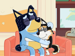 Size: 1280x960 | Tagged: safe, artist:inklingbear, bandit heeler (bluey), oc, australian cattle dog, canine, dog, mammal, semi-anthro, bluey (series), 2d, couch, cute, duo, duo male, eyes closed, hug, male, males only, smiling