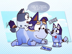 Size: 1280x960 | Tagged: safe, artist:einsamkeitus, muffin heeler (bluey), socks heeler (bluey), stripe heeler (bluey), australian cattle dog, canine, dog, mammal, semi-anthro, bluey (series), 2d, blep, boop, cute, daughter, dialogue, father, father and child, father and daughter, female, group, male, on model, puppy, siblings, sister, sisters, talking, tongue, tongue out, trio, young