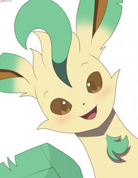 Size: 996x1280 | Tagged: safe, alternate version, artist:winick-lim, part of a set, eeveelution, fictional species, leafeon, mammal, feral, nintendo, pokémon, 2021, 2d, ambiguous gender, black nose, blushing, cute, digital art, ears, fur, looking at you, on model, open mouth, open smile, simple background, smiling, smiling at you, solo, solo ambiguous, tail, tongue, white background