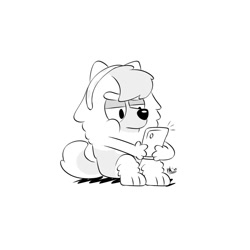 Size: 1200x1200 | Tagged: dead source, safe, artist:inklingbear, judo (bluey), canine, dog, mammal, semi-anthro, bluey (series), 2d, chow chow, female, monochrome, phone, simple background, solo, solo female, white background