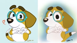 Size: 1280x715 | Tagged: safe, artist:plinko, honey (bluey), beagle, canine, dog, mammal, semi-anthro, bluey (series), 2d, comparison, cute, female, front view, glasses, heart, looking at you, meganekko, puppy, round glasses, smiling, smiling at you, solo, solo female, three-quarter view, young