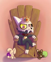 Size: 1056x1280 | Tagged: safe, artist:plinko, king (the owl house), bear, fictional species, lagomorph, mammal, rabbit, semi-anthro, burger king, disney, the owl house, 2d, ball, bone, broken horn, collar, crown, headwear, horn, horns, jewelry, looking at you, male, plushie, regalia, sitting, skull, solo, solo male, tennis ball, throne, titan, toy, young