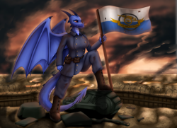 Size: 1492x1080 | Tagged: safe, artist:shamziwhite, dragon, fictional species, anthro, plantigrade anthro, 2021, clothes, commission, dragon wings, female, flag, horns, solo, solo female, standing, tail, uniform, war, wings