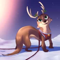 Size: 2200x2200 | Tagged: safe, artist:ribbontini, mammal, mustelid, otter, feral, ambiguous gender, antlers, bell, brown body, brown fur, cute, fur, green eyes, high res, multicolored fur, night, outdoors, reindeer antlers, reindeer costume, reins, smiling, snow, solo, tack, two toned body, two toned fur