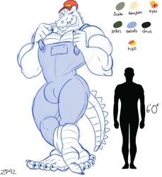 Size: 856x934 | Tagged: safe, artist:zp92, oc, oc:uncle larry, alligator, crocodilian, human, mammal, reptile, anthro, barefoot, big feet, claws, clothes, duo, feet, hat, headwear, looking at you, male, muscles, muscular male, smiling, smiling at you, soles, tall, toe claws, toes