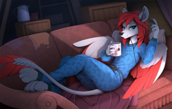 Size: 2500x1577 | Tagged: safe, artist:yakovlev-vad, oc, oc only, oc:rachel dashner, cervid, deer, dragon, fictional species, hybrid, mammal, anthro, digitigrade anthro, 2021, barefoot, bottomwear, clothes, colored wings, couch, deeragon, digital art, drink, earphones, ears, female, fur, hair, indoors, leonine tail, lidded eyes, lying down, mug, multicolored wings, on back, pajamas, pants, patreon reward, paws, red hair, solo, solo female, tail, tea, white body, white fur, wings