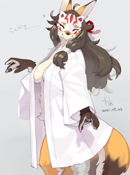 Size: 2048x2732 | Tagged: suggestive, artist:kame, oc, oc only, canine, fictional species, fox, kitsune, mammal, anthro, 2021, belly button, breasts, digital art, ears, eyelashes, eyes closed, female, hair, high res, kimono (clothing), mask, nudity, pose, solo, solo female, tail, thighs, vixen, wide hips