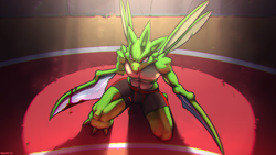 Size: 2304x1296 | Tagged: suggestive, alternate version, artist:kawwfee, fictional species, scyther, anthro, nintendo, pokémon, 2019, abs, biceps, blood, bottomwear, bulge, clothes, digital art, female, kneeling, muscles, nosebleed, pecs, shorts, solo, solo female, spikes, spread wings, tail, thighs, wings