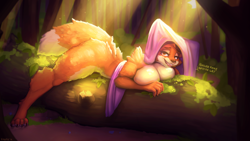 Size: 2304x1296 | Tagged: suggestive, artist:kawwfee, maid marian (robin hood), canine, fox, mammal, anthro, digitigrade anthro, disney, robin hood (disney), 16:9, 2019, bedroom eyes, black nose, breast squish, breasts, butt, digital art, ears, female, fluff, forest, looking at you, nudity, open mouth, plant, pose, shoulder fluff, solo, solo female, tail, thighs, tongue, tree, vixen, wallpaper