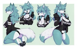 Size: 1565x1000 | Tagged: safe, alternate version, artist:teranen, shirou ogami (bna), canine, mammal, wolf, anthro, bna: brand new animal, 2021, big breasts, big butt, border, breasts, butt, cyan hair, ear fluff, female, fluff, hair, long hair, looking at you, smiling, smiling at you, solo, solo female, tail, tail fluff, thick thighs, thighs, white border