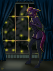 Size: 900x1200 | Tagged: suggestive, artist:stirren, oc, oc only, equine, fictional species, mammal, pony, unicorn, anthro, hasbro, my little pony, bedroom eyes, breast hold, breasts, christmas, christmas lights, clothes, commission, corset, ear piercing, eyebrow piercing, female, floppy ears, grope, holiday, horn, legwear, lights, piercing, pose, room, self grope, socks, solo, solo female, stockings, thigh highs, window, ych result