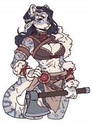 Size: 3077x4096 | Tagged: safe, artist:beracerbera, oc, oc only, big cat, feline, mammal, snow leopard, anthro, 2021, abs, axe, barbarian, biceps, big breasts, breasts, cleavage, clothes, fangs, female, hand on hip, high res, loincloth, midriff, muscles, muscular female, scar, sexy, sharp teeth, simple background, solo, solo female, tail, teeth, weapon, white background